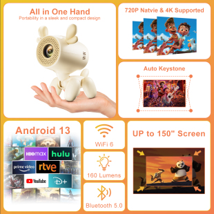 Bilişim Burada JY320 Mini Projektör 1280x720, BT5-0, Android 13, 1080P destekli, taşınabilir sinema keyfi